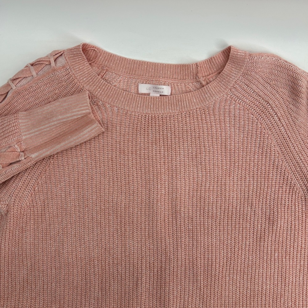 LC Lauren Conrad Sweater Womens Medium Pink Braided Shoulder Knit Pullover